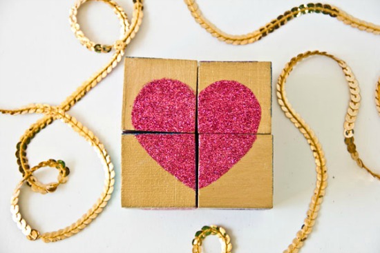 DIY Glitter Block Heart Puzzles by Studio DIY, 40 Valentines Day Ideas via House of Hargrove