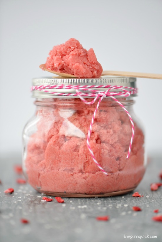 Strawberry Sugar Scrub by The Gunny Sack, 40 Valentines Day Ideas via House of Hargrove