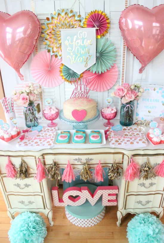 The Party Porch Follow Your Heart Galentines Day Party, 40 Valentines Day Ideas via House of Hargrove