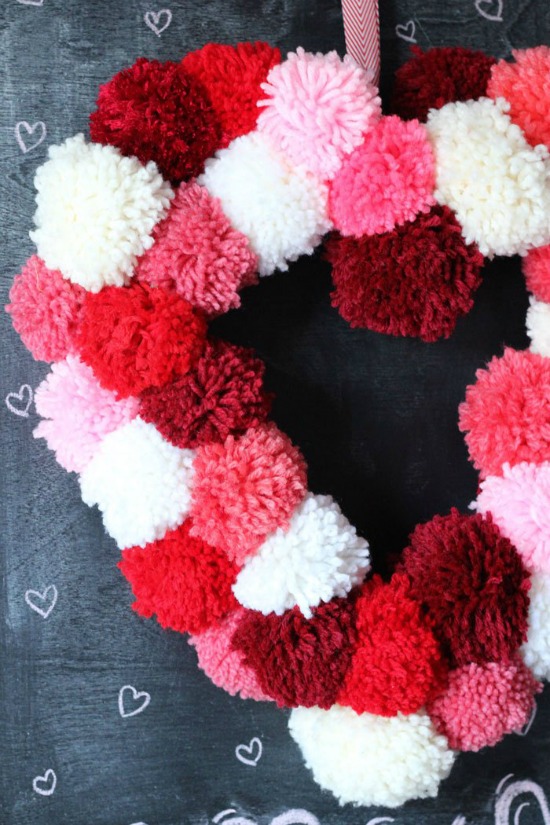 Heart Shaped Wreath with Pom Poms by Fyne Designs, 40 Valentines Day Ideas via House of Hargrove