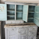 Antique Stepback Cupboard & Painted Work Table with Baskets