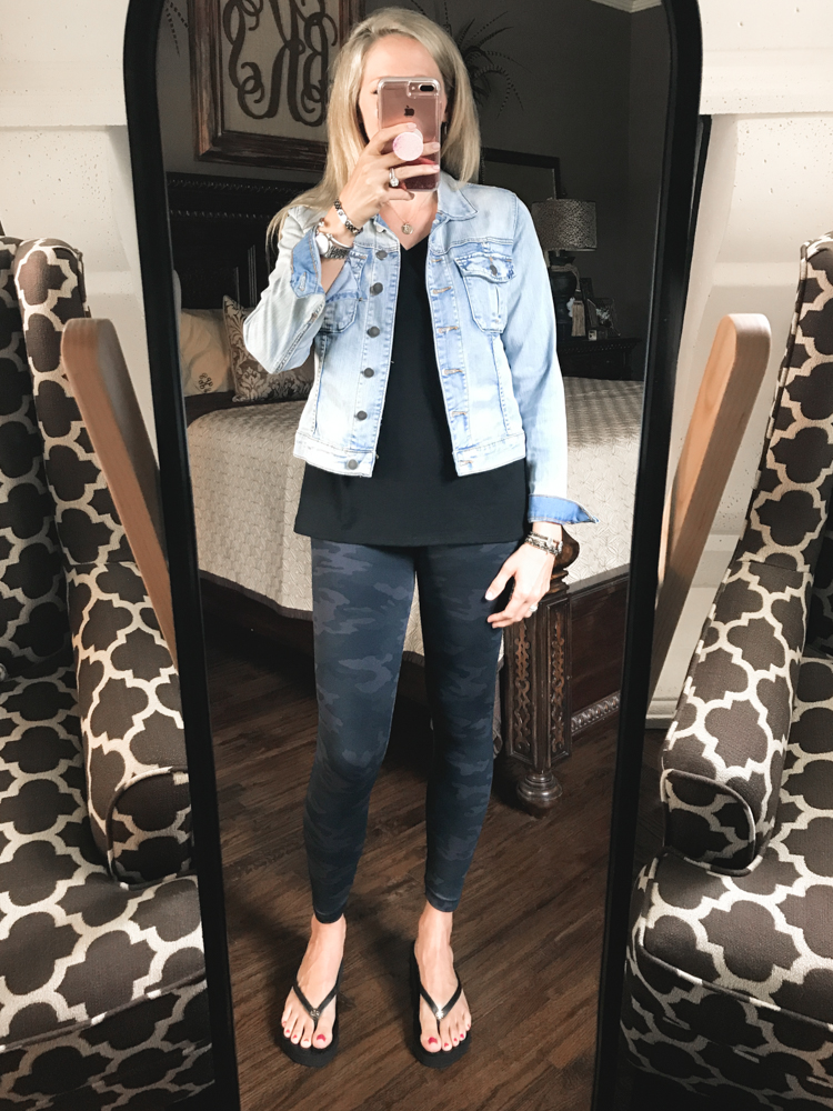 Distressed denim jacket only $32 size XS Leather moto leggings size XS  Black tank top size XS … | Leggings outfit casual, Outfits with leggings,  Casual fall outfits